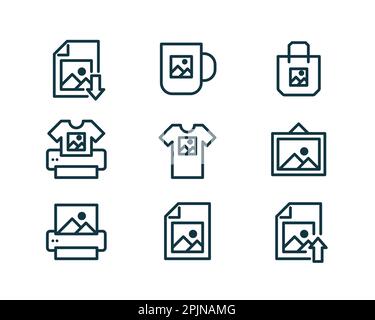 Print on demand icons collection - image file, file download, upload, printer, print on t-shirt, mug, tote bag, canvas. Applicable for print on demand Stock Vector