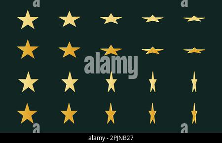 Gold star shape set. Gold 3d rotating star symbols, sign. Applicable for gambling games, jackpot illustration. Vector illustration. Stock Vector