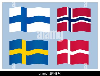 Set of scandinavian, northern countries flags. Sweden, Norway, Denmark, Finland or swedish, danish, norwegian, finnish national flag. Vector illustrat Stock Vector