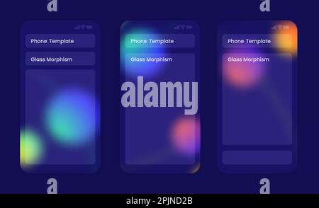 Transparent mobile phone template. Mobile phone template, interface ui in glass morphism. Gradient balls or planets on background, space theme. Vector Stock Vector