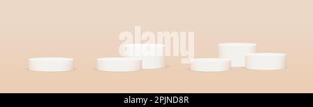 Single, Two, Three stages or cylinder platforms or pedestals on pastel pink background. Set of platforms. Cream, sepia, pastel colors. Three-dimension Stock Vector