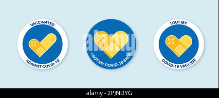 Vaccination round badges with quote - I got covid 19 vaccine, i got my covid-19 shot, vaccinated against covid-19. Coronavirus vaccine stickers with m Stock Vector
