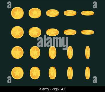 Set of rotating gold coins with star sign on transparent background ...