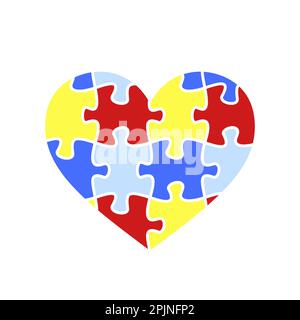 Autism awareness month symbol. Puzzle colored heart. Child autism awareness icon. Puzzle heart shape icon. Jigsaw symbol. Yellow, red, blue, colors. V Stock Vector