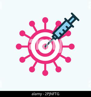 Virus icon as target of vaccine shot. Covid 19 vaccination concept. Syringe with covid vaccine hits in the virus. Vaccine or vaccination concept. Vect Stock Vector