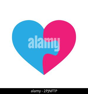 Puzzle heart shape consisting of two puzzle pieces. Couple relationship concept symbol. Valentine day symbol. Jigsaw heart symbol. Romantic icon. Blue Stock Vector
