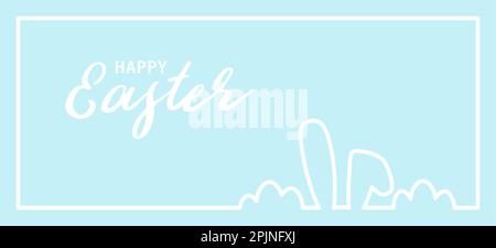 Happy Easter banner or happy easter background, frame. Bunny ears or rabbit ears and eggs as one line drawing. Blue background. Vector illustration Stock Vector