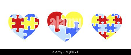 Set of autism awareness month symbols. Puzzle colored heart. Child autism awareness icon. Puzzle heart shape icon. Jigsaw symbol. Yellow, red, blue, c Stock Vector