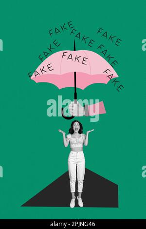 Vertical collage picture of black white effect arm hold umbrella cover mini impressed girl fake information rain isolated on green background Stock Photo