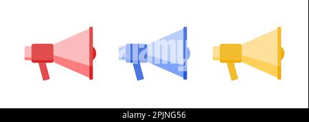 Megaphone, loudspeaker, bullhorn icons. Line, outline flat style symbols. Megaphone symbols for announcement. Loudspeaker icon for voice message. Whit Stock Vector