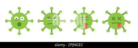 Set of emoticon viruses, covid 19 or coronavirus. Scared, frightened, afraid, startled viruses and dead covid 19. Funny flat style icons. Vector illus Stock Vector