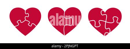 Set of puzzle heart shapes. Two, three, four puzzle pieces. Valentine day symbol. Jigsaw heart symbol. Romantic icon. Vector illustration Stock Vector