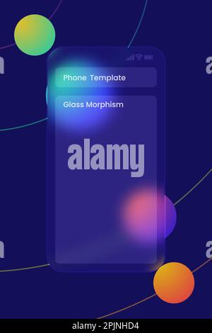 Transparent mobile phone template. Mobile phone template, interface ui in glass morphism. Gradient balls or planets on background, space theme. Vector Stock Vector