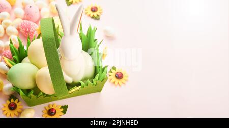 Happy Easter. Easter eggs and rabbit in green basket on pink background with white and yellow roses. Spring Happy Easter holiday card. Easter backgrou Stock Photo