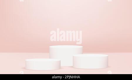 Three stages or cylinder platforms or pedestals on pastel pink background. Three-dimensional 3d white stages. Vector illustration Stock Vector