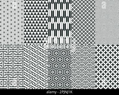 Traditional japanese seamless patterns. Japanese wave patterns, Japanese geometric patterns. Vector illustration. Stock Vector