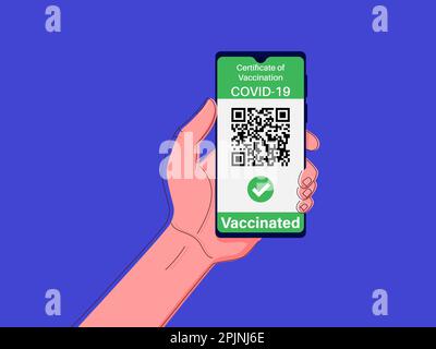 Digital certificate of vaccination against covid 19 concept. Hand keeping phone. Health passport application. Check mark and qr code on the screen. Ve Stock Vector