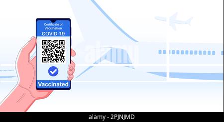 Digital certificate of vaccination against covid 19 concept. Hand keeping phone. Health passport application. Airport and airplanes on the background. Stock Vector