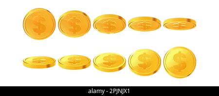Set of rotating gold coins with dollar currency sign. 3d dollar coins. Golden money set. Applicable for gambling games, jackpot illustration. Vector i Stock Vector