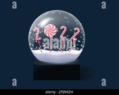 Glass christmas sphere in realistic style. Snow globe with flakes and with snow. Realistic glass ball. Christmas crystal ball. 2022 year snow globe. 2 Stock Vector