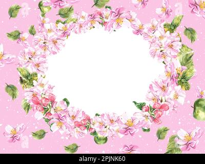 Oval composition of a blossoming apple tree on a pink background. Bright and juicy watercolor illustration Stock Photo