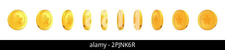 Set of rotating gold coins with star inside. Golden money set. Applicable for gambling games, jackpot or video games illustration. Can be used for vid Stock Vector