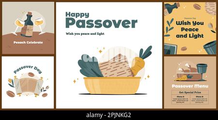 Passover greeting card set. Lets Celebrate Seder Pesach invitation, greeting card template or holiday flyer. Happy Passover Background. Vector illustr Stock Vector