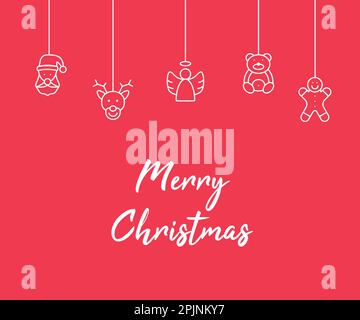 Christmas banner with hanging christmas toys like santa claus, deer, angel, beer, cookie. Red christmas banner. Vector illustration. Stock Vector