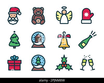 Christmas line icon collection. It contains - santa claus, gift, present, angel, christmas tree, holly, crystal ball, glove, holiday bottle. Stock Vector