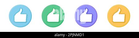 Like 3d button. Green, blue, purple and yeollow circle button. Hand with thumbs up symbol. 3d rendering icon. Social media symbol. Ok symbol or like s Stock Vector