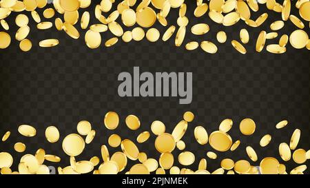 Falling coins background. Casino jackpot or win concept. Cash fall, coins rain on transparent isolated background. Golden money falling. Vector illust Stock Vector