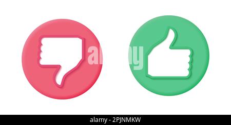 Like and dislike button. Red and green circle button. Hand with thumbs up symbol. 3d rendering icon. Social media symbol. Ok symbol or like sign. Outl Stock Vector