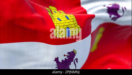 Close-up of Castile and Leon flag waving in the wind on a clear day. Castile and Leon is an autonomous community in north-western Spain. 3d illustrati Stock Photo