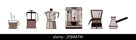 Set of coffee brewing devices like geyser coffee maker, espresso coffee machine, plunger and turkish pot like cezve. Outline monochrome icons. Vector Stock Vector