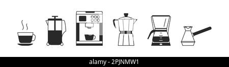 Set of coffee brewing devices like geyser coffee maker, espresso coffee machine, plunger and turkish pot like cezve. Outline black and white icons. Ve Stock Vector