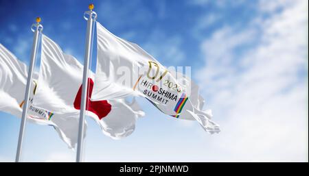 Hiroshima, JP, March 2023: flags of G7 Hiroshima 2023 and the national flag of Japan waving. The G7 2023 summit will take place from May 19 to May 23. Stock Photo