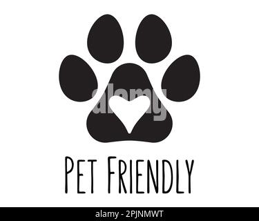 Pet friendly logo with heart inside. Applicable for vet, shops that love pets. Animal paw print icon. Dog or cat paw print silhouette. Pet footprint. Stock Vector