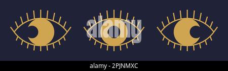 Set of esoteric eye with eyelashes and moon or sun as pupil. Moon eclipse inside eye. Esoteric, occult or spiritual symbol. Spiritual amulet in outlin Stock Vector