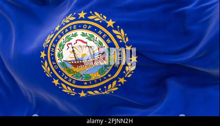 Detail of New Hampshire state flag waving. New Hampshire state seal on a dark blue field. US state flag. Rippled fabric. 3d illustration render. Close Stock Photo