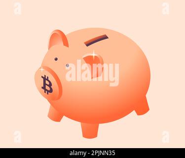 Bitcoin savings, crypto currency investing concept. Piggy bank or money box isometric icon. Isometric style. Flat pink piggy box. Money saving, financ Stock Vector