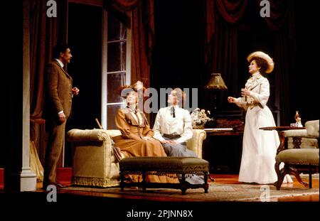 l-r: Leigh Lawson (Aubrey Tanqueray), Pamela Buchner (Mrs Cortelyon), Clare Byam Shaw (Ellean), Felicity Kendal (Paula Jarman) in THE SECOND MRS TANQUERAY by Arthur Wing Pinero at the Lyttelton Theatre, National Theatre (NT), London SE1  15/12/1981  design: Carl Toms  lighting: Leonard Tucker  director: Michael Rudman Stock Photo