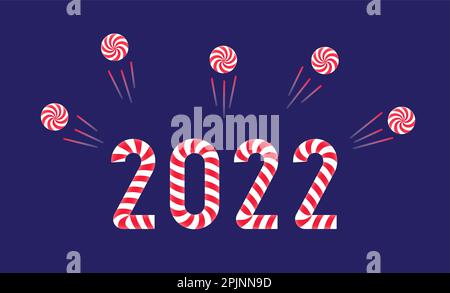 2022 new year numbers. 2022 numbers as candies or candy canes. Circle candies like fireworks. New year celebration concept. Vector illustration Stock Vector