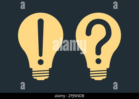 Yellow lightbulb, lamp with exclamation mark and question mark. Light bulb symbol. Idea, quick tips concept. Vector illustration Stock Vector