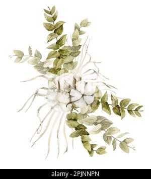 Cotton and Eucalyptus on isolated background. Hand drawn watercolor illustration for greeting cards or wedding invitations in pastel beige colors. Bouquet with dried plants. Floral rustic drawing. Stock Photo