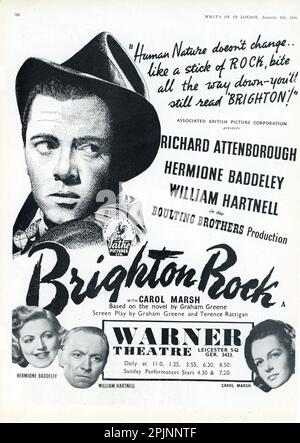 RICHARD ATTENBOROUGH HERMIONE BADDELEY WILLIAM HARTNELL and CAROL MARSH in BRIGHTON ROCK 1947 director JOHN BOULTING novel Graham Greene screenplay Graham Green and Terence Rattigan producer Roy Boulting Charter Film Productions / Pathe pictures Ltd. / Associated British Picture Corporation (ABPC) Stock Photo