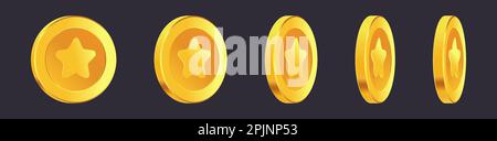Set of rotating gold coins with star inside. Golden money set. Applicable for gambling games, jackpot or video games illustration. Can be used for vid Stock Vector