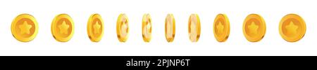Set of rotating gold coins with star inside. Golden money set. Applicable for gambling games, jackpot or video games illustration. Can be used for vid Stock Vector