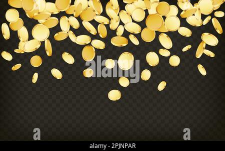 Falling coins background. Casino jackpot or win concept. Cash fall, coins rain on transparent isolated background. Golden money falling. Vector illust Stock Vector