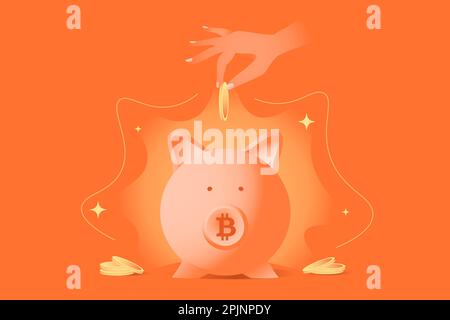 Female hand holds coin and drops it into the piggy bank or money box. Bitcoin savings, crypto currency investing concept. Flat pink piggy box. Money s Stock Vector
