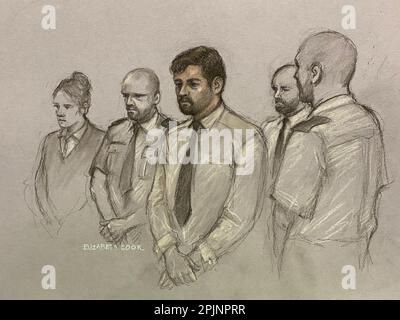 File photo dated 29/03/2023 of a court artist sketch by Elizabeth Cook of Thomas Cashman (centre) at Manchester Crown Court. Cashman has been jailed for a minimum of 42 years, for murdering nine-year-old Olivia Pratt-Korbel and injuring her mother, Cheryl Korbel, 46, at their family home in Dovecot, Liverpool, on August 22 last year. Issue date: Monday April 3, 2023. Stock Photo